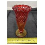 Fenton Amberina hobnail ruffled glass vase.