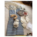 Table doilies, curtains, zip up quilt sleeping