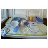 Ice trays, strainers, plastic bowls, cups and