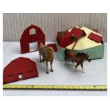 Plastic and ceramic horses with barn