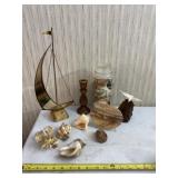 Seashells, candle holder and brass and copper