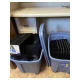 Two totes with lids full of desk organizers and
