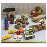 Old wooden number and letter blocks, teddy bears