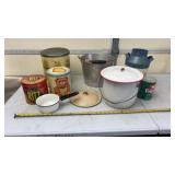 Enamelware Pots, Galvanized Bucket, Tins