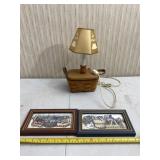 Longaberger basket lamp and small framed apple