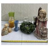 Candles, guitar canister, ceramic doll and vases.