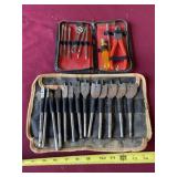 Spade drill bits in case and tool set in leather