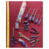 Kobalt pliers, screw drivers, scissors and box of