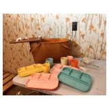 vintage picnic set featuring a wicker basket by