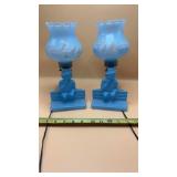 2-L.E. Smith blue pressed glass "Boy on Bench"