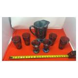 Carnival Glass Pitcher and 6 glasses Grape vine