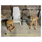 Metal, wooden chairs and 2 wooden barstools