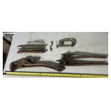 Rusty Tools Including A Large Pipe Wrench, Several