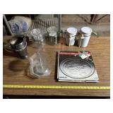 Pyrex pitchers, alco sugar and flower holders,