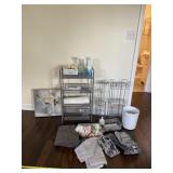 Bathroom cart, towels, trash can, picture and