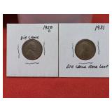 1931 & 1958D die Crack Pennies