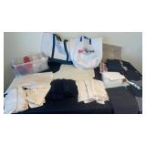 Linens, napkins, placemats, squirt, bottles,