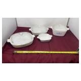 Corn flour and French casserole dishes, three