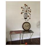 Two fold up tv trays, clock and hanging wall