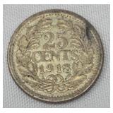 1918 Netherlands Queen WILHELMINA 25 Cents Wreath