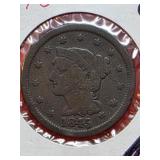 1845  Braided Hair Large Cent Coin 1c