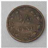 1884 Netherlands 1/2 cent bronze coin
