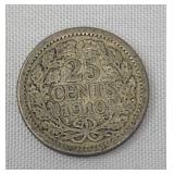 1910 Netherlands Queen WILHELMINA 25 Cents Wreath