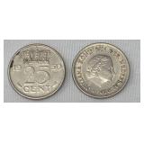 1950 Netherlands 25 cent Coin 1957 Netherlands