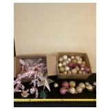 Christmas ornaments, ribbons and star decor.