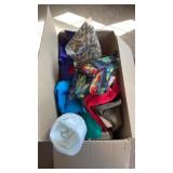 Box full of fabric, some quilting, holiday