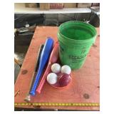 Plastic and wooden baseball bats and plastic