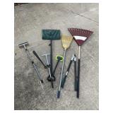 Rake, snow shovel, bush trimmers, shoe slip on