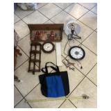 Clocks, wall lamp, bag, a wooden wall shelf
