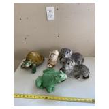 Resin turtle, snail, frog and dogs.