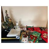 Small Christmas tree, snowman, table cloths abd