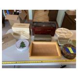 Jewelry boxes, cash box, tins and wood tray.