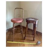 Wood bench and metal swivel stool.