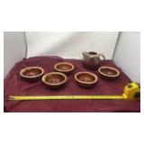 5 cereal, bowls, HULL pottery, brown, drip glaze,