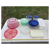 Plastic cake holders, plastic pitchers, tuperware