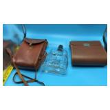 Vtg binocular-shaped glass whiskey liquor flask,