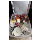 Tote with lid full of Candles, Votives, Holders