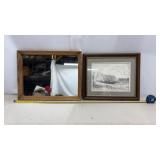 Framed Mirror, pencil drawing of a rustic barn,