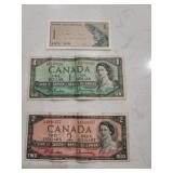 vintage 1954 Canadian $1 and $2 bank notes