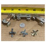 Three vintage doll skates and three jacks