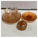 Pink depression wear three saucers, one matching