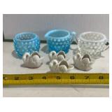 Hobnail sugar, bowls, and creamer and swan ring