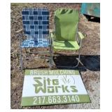 Two lawn chairs, green one needs repaired and