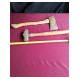 Small sledge hammer hammer and hatchet.