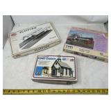 three vintage HO scale model railroad building