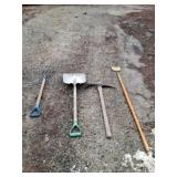 Shovel ,pick axe, scraper and pitch fork.